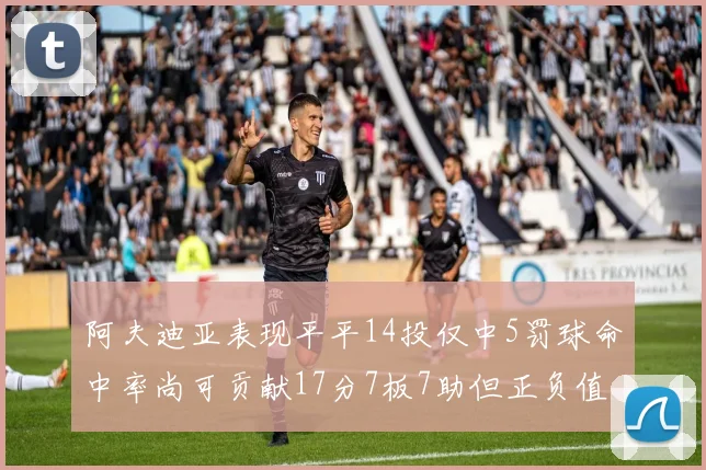 阿夫迪亚表现平平14投仅中5罚球命中率尚可贡献17分7板7助但正负值惨淡